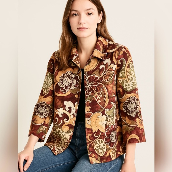 Chico’s  Burgundy Yellow Floral Mosaic Jacket XL - Picture 1 of 17